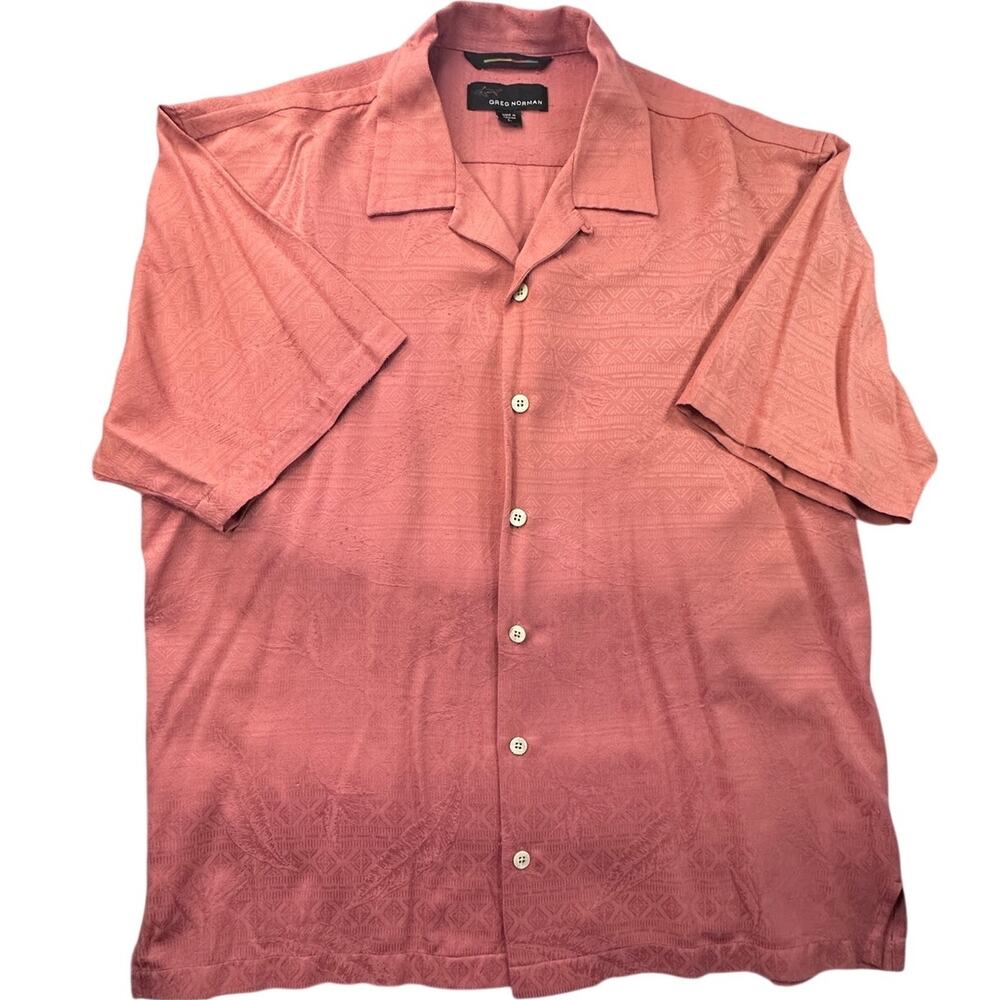 Greg Norman Silk Blend Shirt Short Sleeve Hawaiian Camp Coral Jacquard
